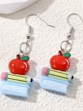 Cute Apple & Pencil Bookstack Acrylic Dangle Earrings - Red, Yellow, Blue